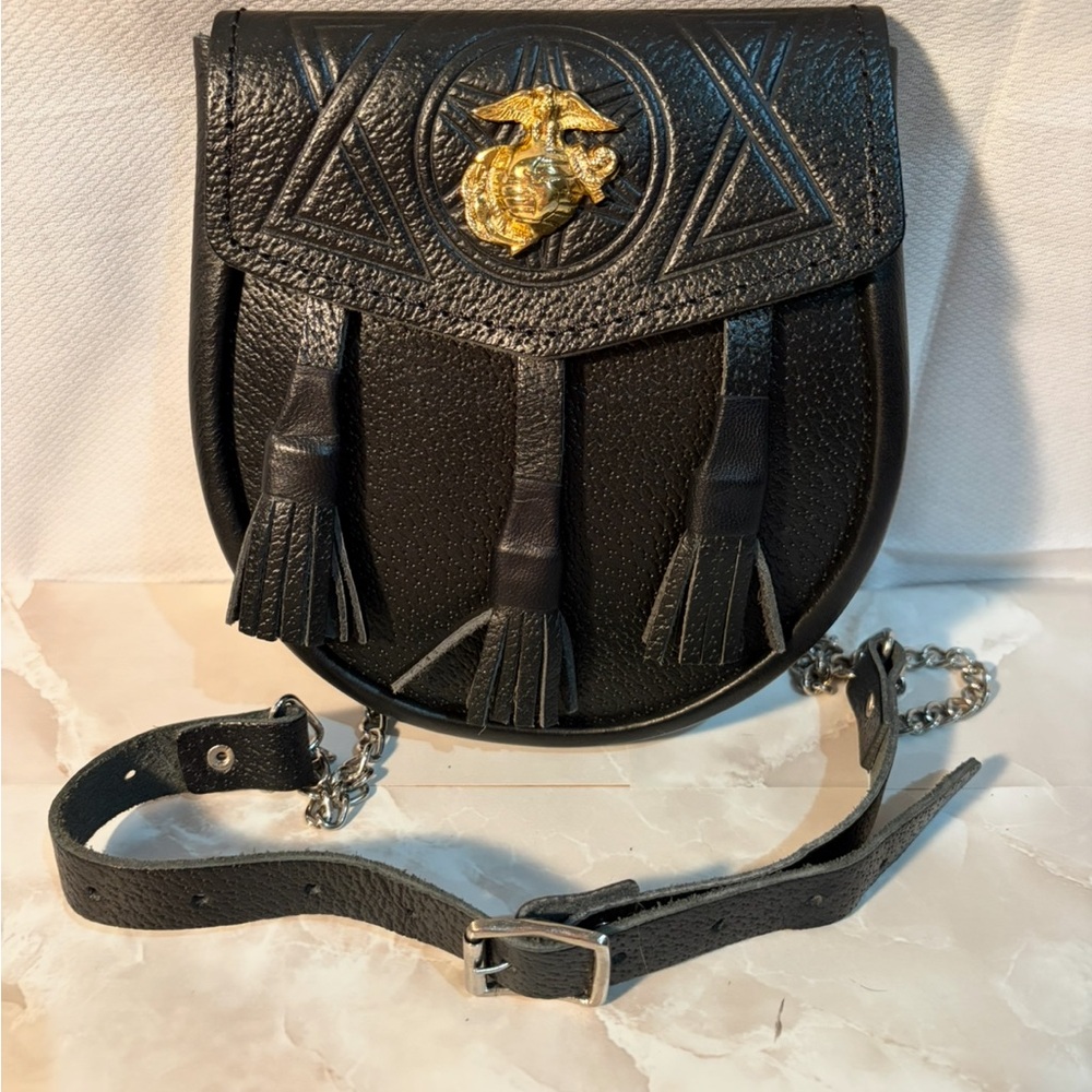 Black Leather Crossbody Bag with Gold Emblem